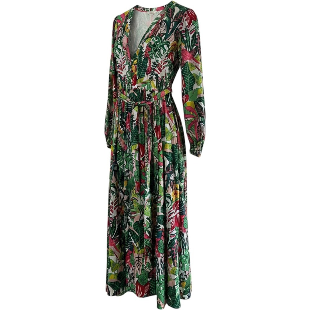 Boden Amelia Cotton Maxi Dress Womens 8 Tropical Bird V-Neck Long Sleeve W0778